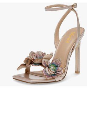 miss left Champagne Rhinestones Stiletto Heel with Buckle Flower Sandals
